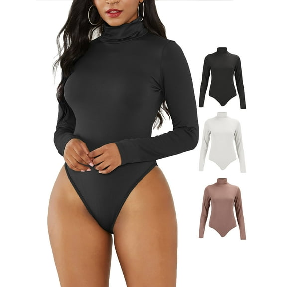 Gustave Women Long Sleeve Turtle Neck Bodysuit Jumpsuit Sexy Casual Slim Tops Solid Basic T-Shirts "Black, L"