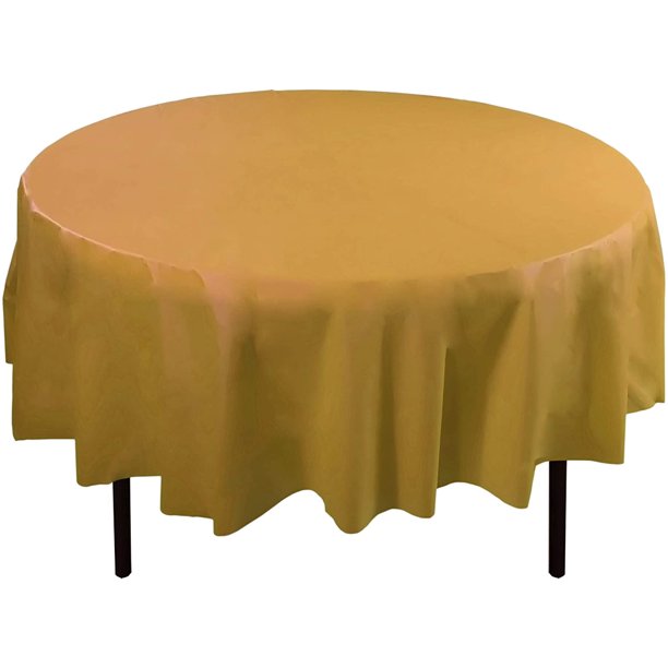 Bulk Premium Plastic Disposable 84 inch Round Tablecloth, Gold Round