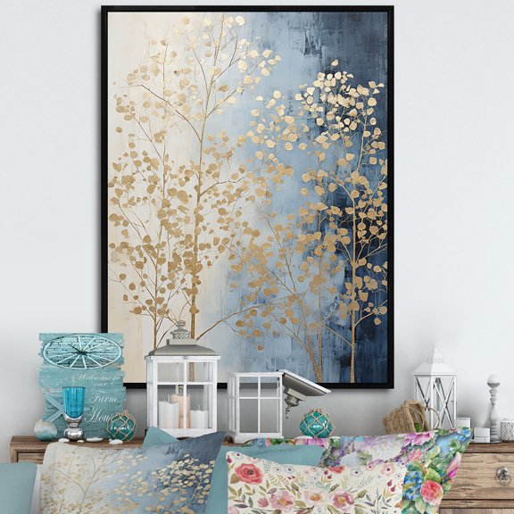 Designart "Serene Beige-Blue Arboreal Blend" Landscape Trees Floater Framed Wall Art Living Room