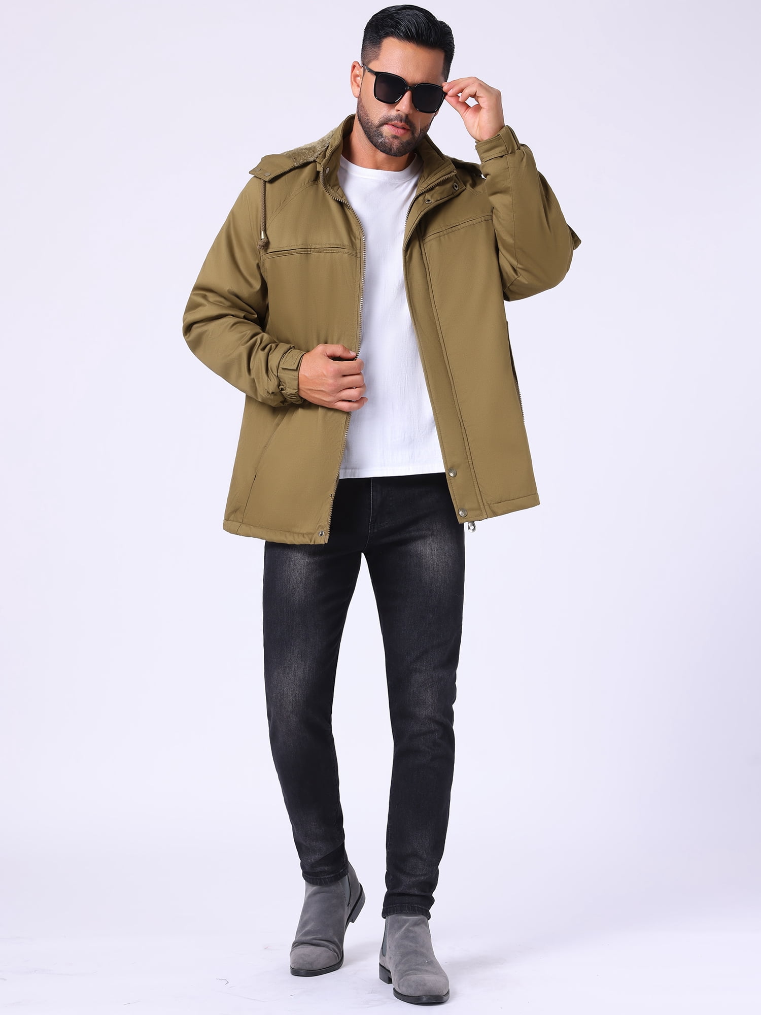 DARING DIVA Men's Winter Warm Fleece Lined Thicken Hooded Work Parka Jacket M Khaki