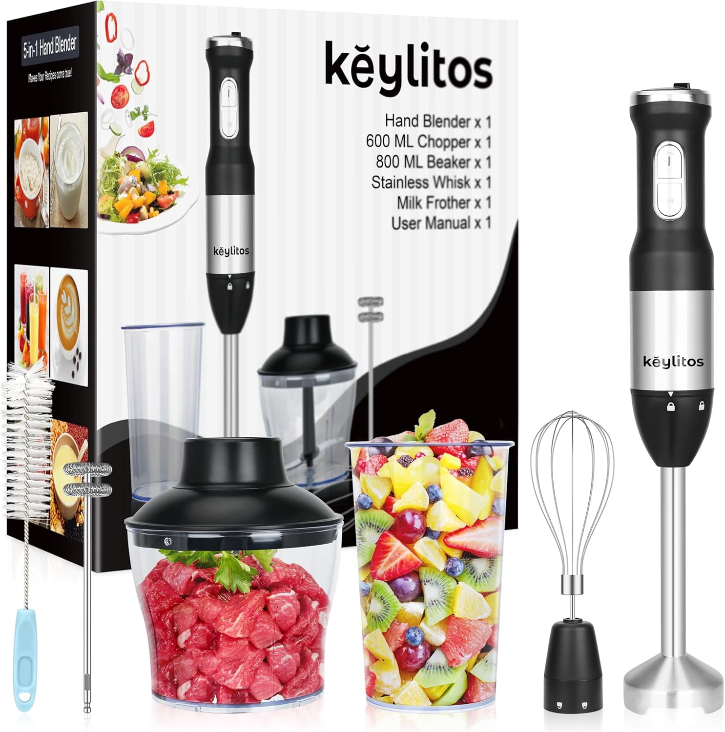 5-in-1 Immersion Hand Blender with 600ml Chopper and 800ml Beaker, 800W Variable Speed Stick Mixer for Smoothies Soups Baby Food