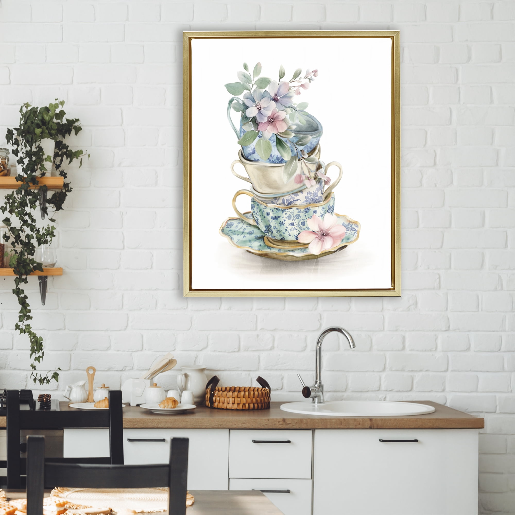 Stupell Industries Floral Teacup Chinoiserie Gold Framed Floater Canvas Wall Art, design by Kim Allen
