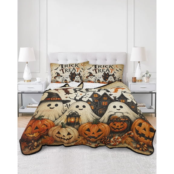 Quilts King Size, Halloween Soft Comforter Bedding Set for Bed, Trick Or Treat Pumpkins Ghosts Autumn Leaves Lightweight Quilted Bedspread with Pillow Cover(2 Pieces) for All Season, 96x106 Inch