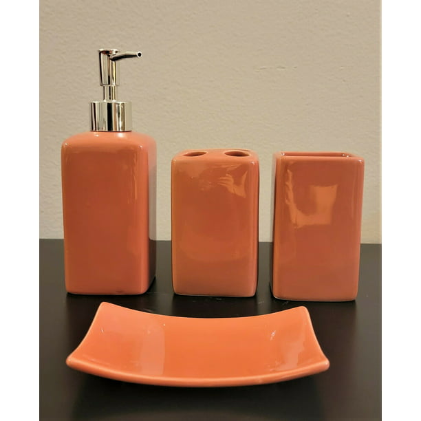 Complete 4 Piece Orange Ceramic Shiny, Orange Bathroom Accessories