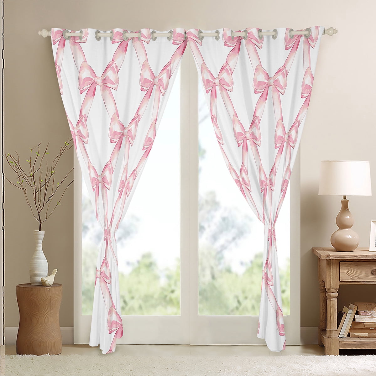 Ribbon Bow Curtains & Drapes Teen Women,Pink Girly Bowknot Window Curtains 42"Wx84"L Cute Fantasy Princess 30%-50% Blackout Curtains Kawaii Bow Tie Window Treatments 2 Panels