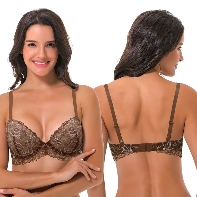 Curve Muse Women's Underwire Plus Size Push Up Add 1 and a Half Cup Lace  Bras-2PK-Cream/Brown,Brown/Rose Gold-44DDD