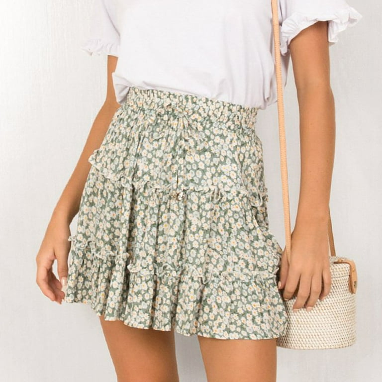 Summer Casual High Waisted Mini Skirt Boho Floral Print Layered