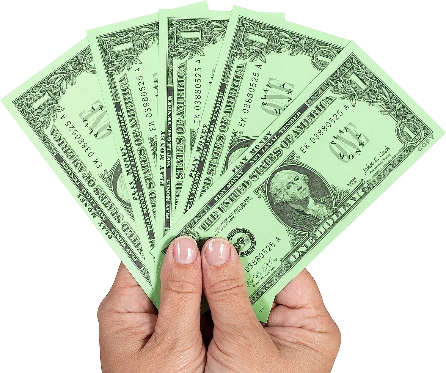LEARNING ADVANTAGE One Dollar Play Bills - 100 $1 Paper Bills - Realistic Dollar Design and Size - Teach Currency, Counting and Math with Fake Cash
