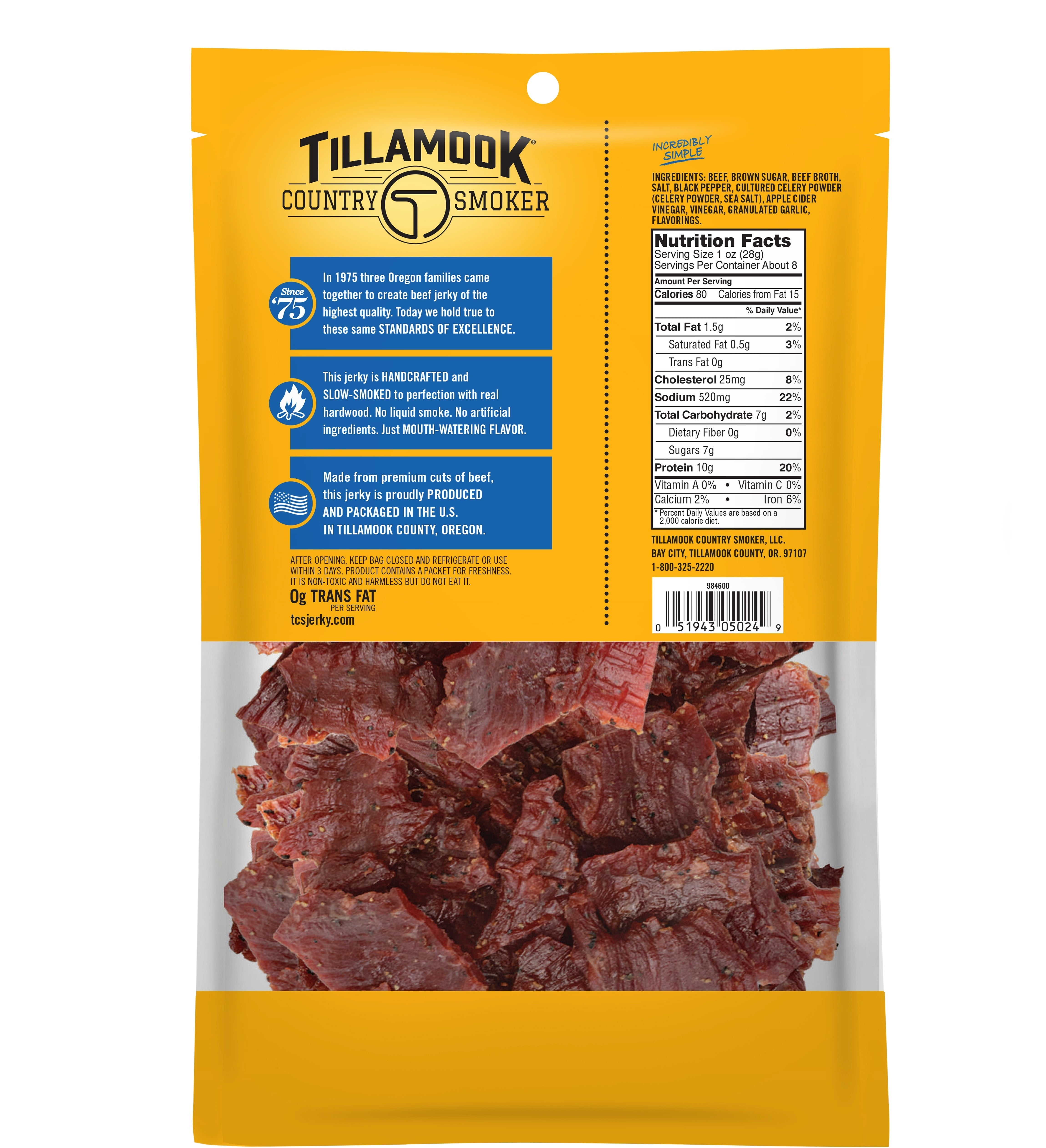 (2 pack) Tillamook Country Smoker Beef Jerky, Sea Salt & Pepper,10g Protein per Serving, 8 Oz Bag