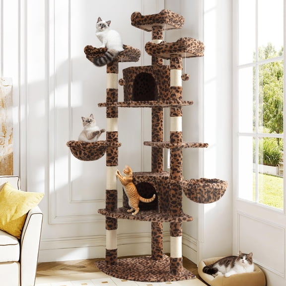 Amolife 73.6" Extra Large Corner Cat Tree, Fan-Shaped Tower with Scratching Posts & Condo House for Indoor Cats, Leopard Print