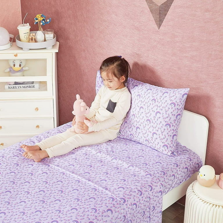 Softan Bed Sheet Set for Kids Girls Twin Size Kids Sheets Microfiber Kids Fitted Sheet Breathable Silky Soft Feeling Kids Sheet Set 3 PCs Purple Love Heart Rainbow Kids Twin Bed