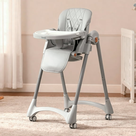 Bebbly Silla Alta para Bebé Ajustable con Charola y Respaldo Reclinable Altura Regulable en 6 Niveles Silla de Comer con Arnés de Seguridad y Ruedas Ideal para Alimentación y Juego 6 meses a 3 años