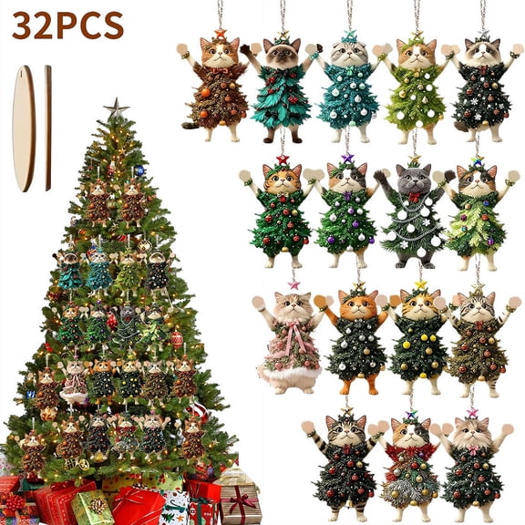 32 Pcs Wooden Hanging Cat Christmas Ornaments, Unique Tree-Shaped Cat Hanging Decor, Fun Christmas Decoration Gifts for Cat Lovers Car Pendants