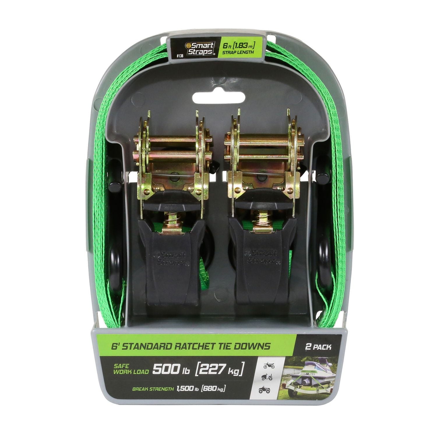 6' 1500 lb Padded Ratchet Tie Down 2 Pk Green