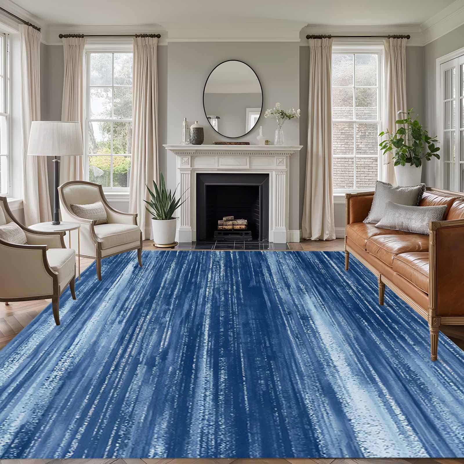 Navy Blue Washable Living Room Rugs 5 x8 Modern Abstract Gradient Blue Lines Texture Low Pile Throw Large Area Rug Non-Slip Sturdy Edge Binding Carpet for Living Room Kitchen Office