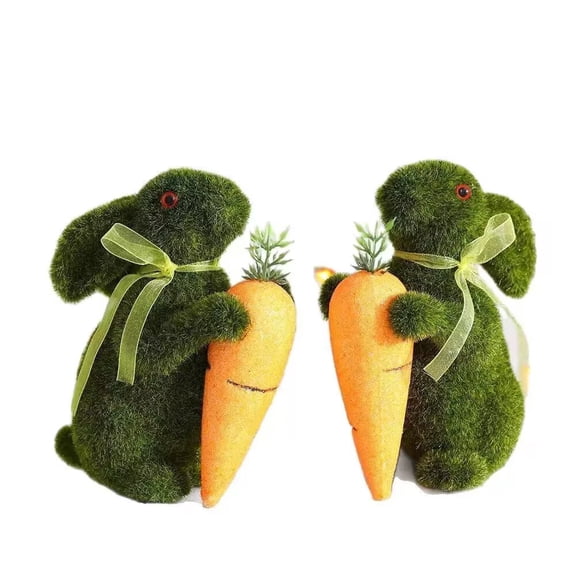 Moss Easter Bunny Ornament, Flocked Bunny Holding Carrot Figurine – 5.7 Inch Green Artificial Moss Bunny Statue for Spring Home Decor, Garden, Yard, Patio, and Farmhouse Table Centerpiece