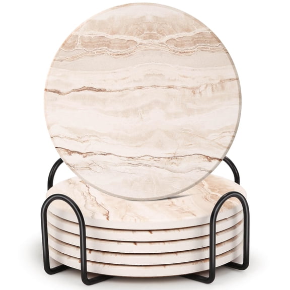 Drink Coasters with Holder for Coffee Table, Absorbent Coaster Set of 6, Marble Style Ceramic Coaster for Wooden Table, Suitable for Kinds of Cups, Home Decor, 4 Inches