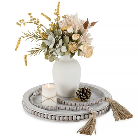 

Hanobe Farmhouse Decor Tray with Bead Garland Round White Wood 11.8