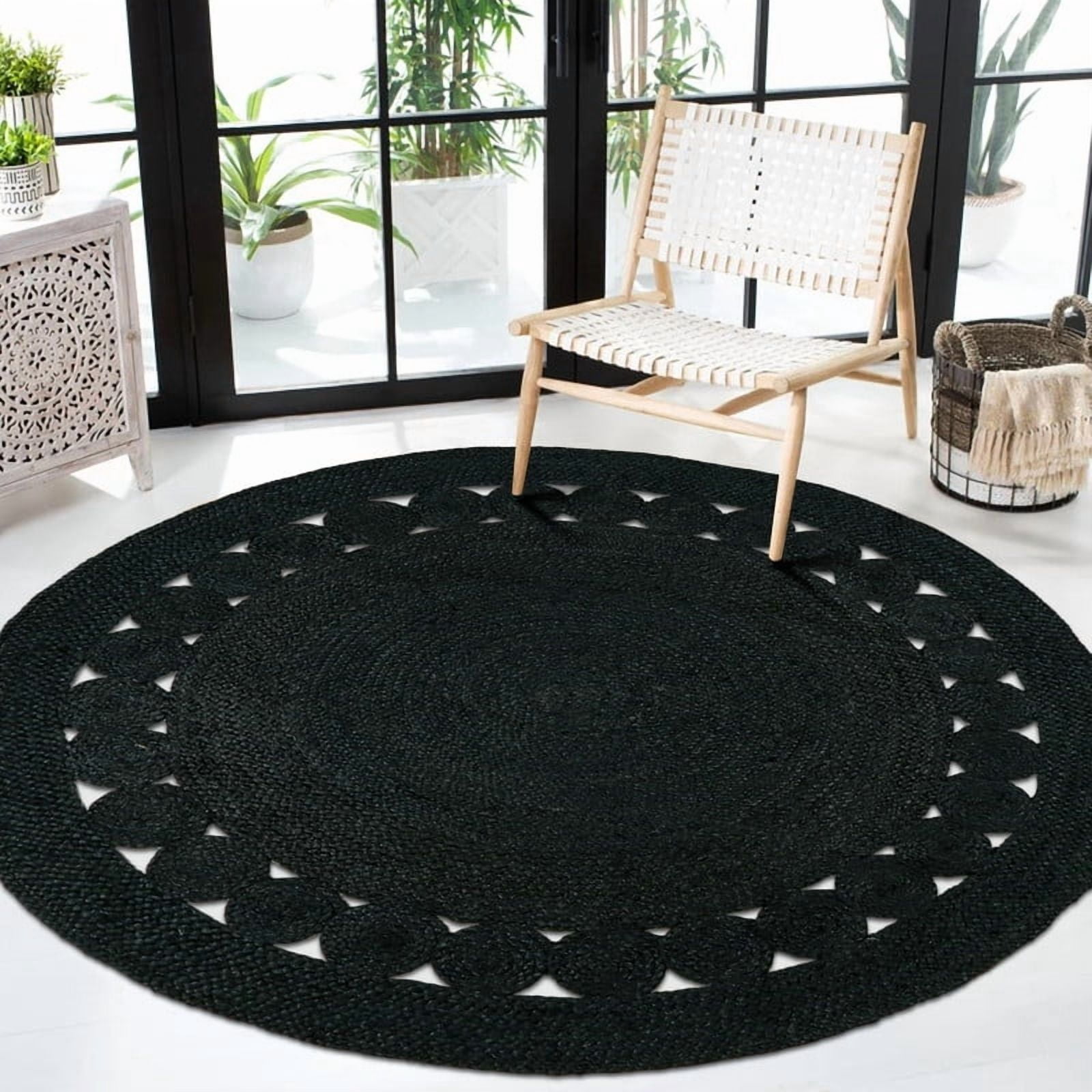 Round Natural Jute Rug, Rustic Boho Coastal Farmhouse Reversible Mat, Black Jute, 3 FT