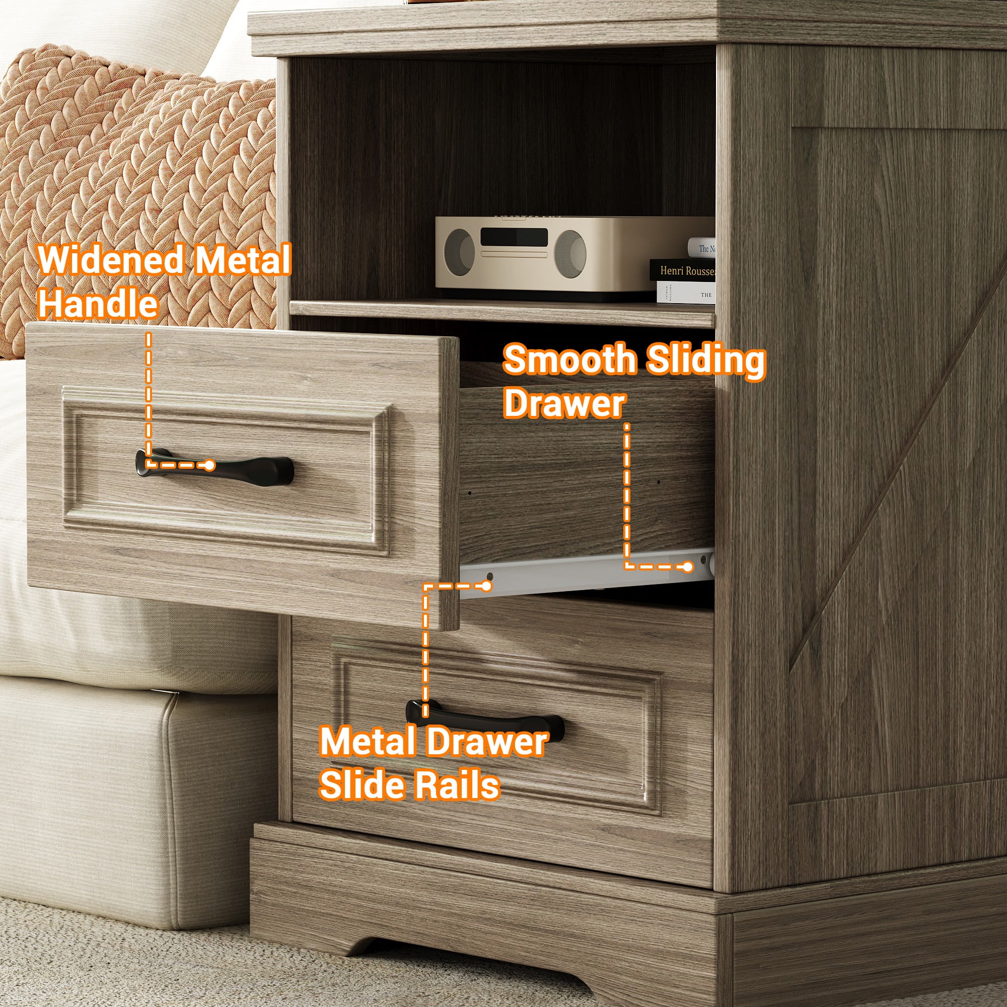 NEGYLIM Nightstand with Drawers for Bedroom, Farmhouse End Table with Charging Station, 2 Drawers Storage for Bedroom, Gray