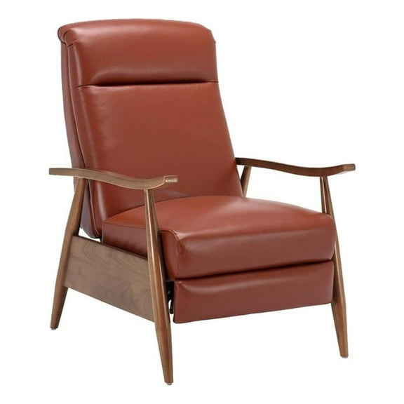 Bowery Hill Mid-Century Leather/Wood Arm Push Back Recliner in Caramel