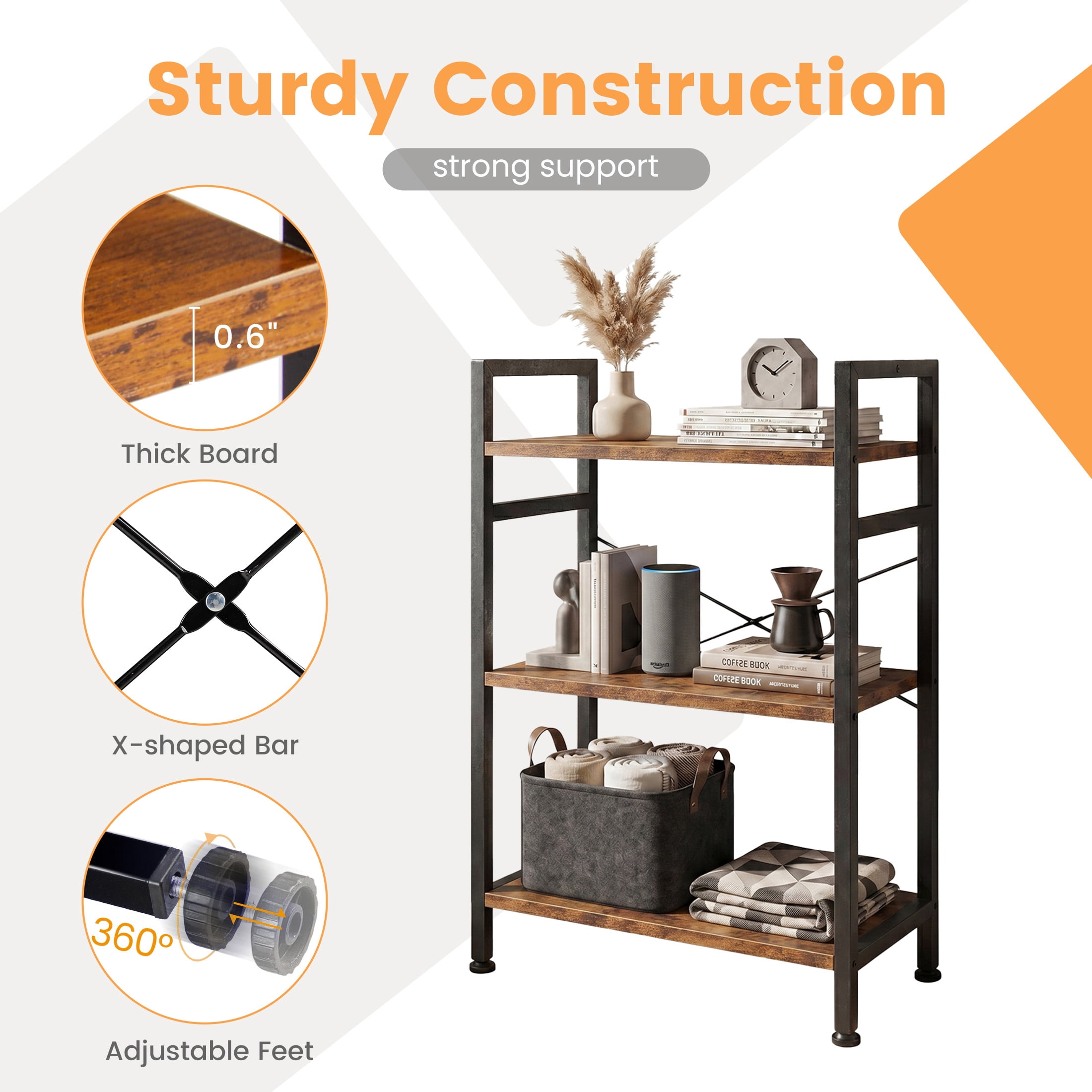 CONCETTA Bookshelf, 3-Tier Small Industrial Storage Shelf & Shelves, Metal Bookcase for Home Office, Living Room, Rust Brown
