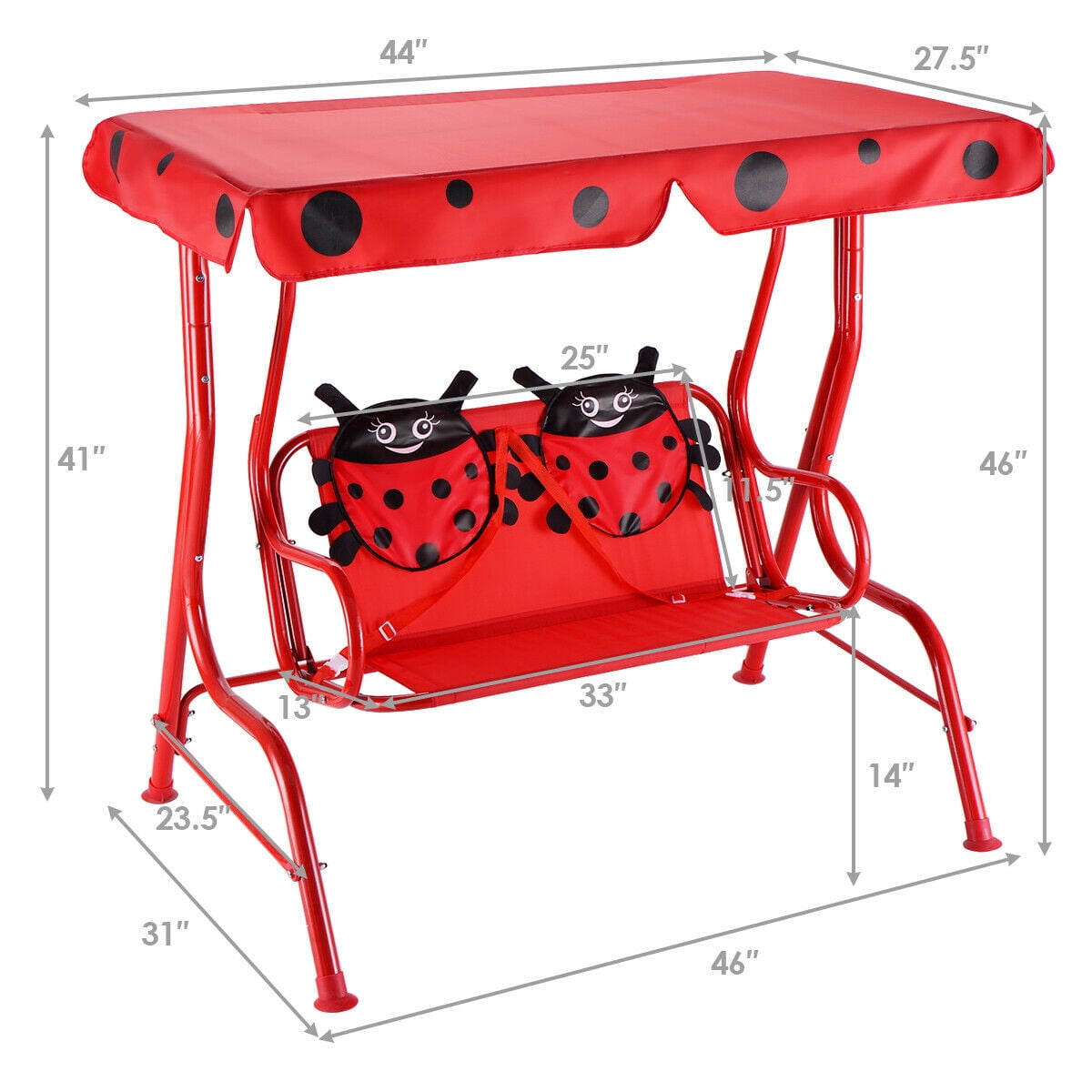 Gymax Red Kids Patio Porch Bench Swing w/ Safety Belt Canopy Outdoor Furniture