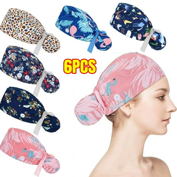 6 Pcs Scrub Caps Women Nursing Hats with Buttons Ponytail Holder Bouffant Turban, Adjustable Bouffant Nurse Hats