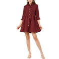 thumbnail image 3 of Allegra K Women 3/4 Sleeve Button Front Flare Mini Shirt Dress Wine Red XL, 3 of 6