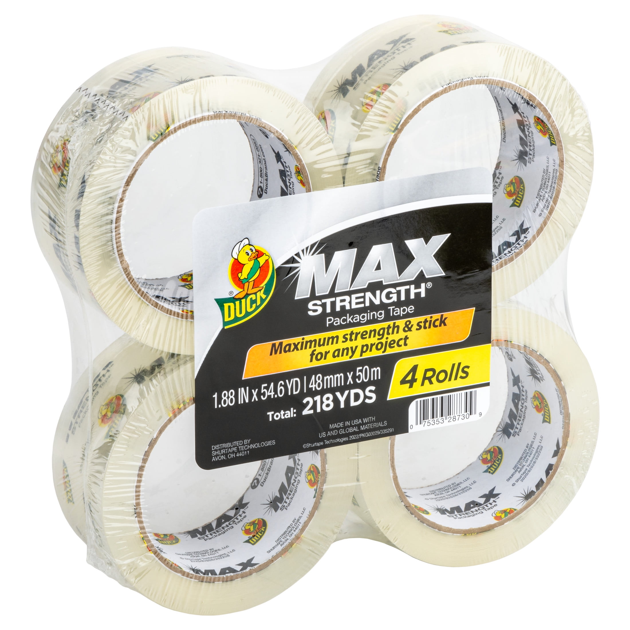 (3 pack) Duck Max Strength Packing Tape, 1.88 in. x 54.6 yd., Clear, 4 Count
