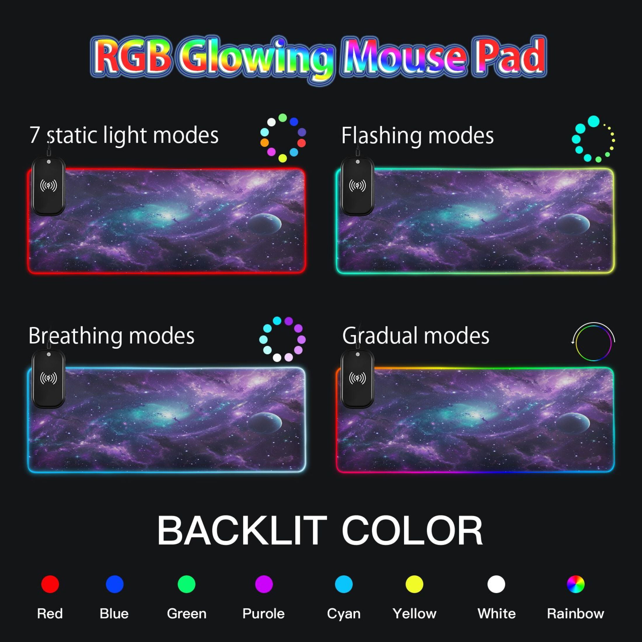 Wireless Charging Mouse Pad Large RGB Gaming Desk Mat 13 Light Modes Mousepad 31.5x11.8 Nebula and Planet
