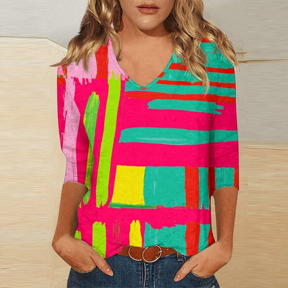 Jsaierl Women's 3/4 Length Sleeve Tops Summer V Neck Shirts Dressy Graphic Ladies Blouses Classic Cotton T-shirts Top S-3XL