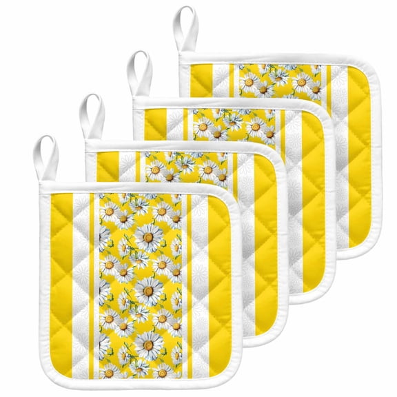 Yellow Daisy Pot Holders for Kitchen Heatproof Potholder, 4 Pack Farmhouse Floral Yellow Striped Hot Pads Multipurpose Oven Pads Cloth Potholders Trivet for Cooking and Baking