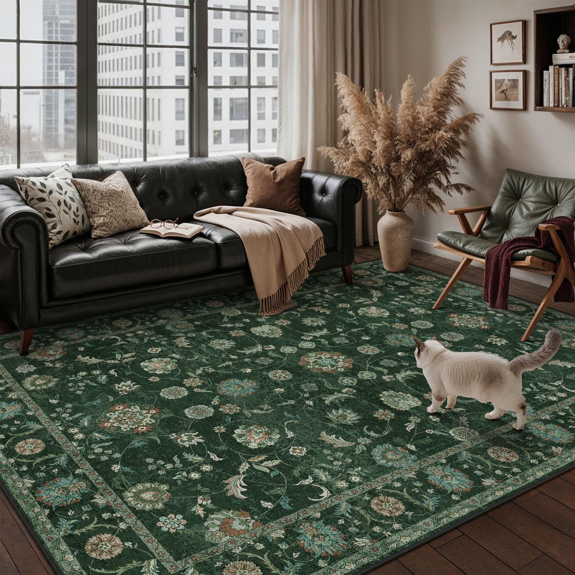 WIPONKEN 9x12 Area Rugs Morris Carpet for Living Room Bedroom Dining Room Office Farmhouse, Machine Washable Non Slip Vintage Persia Rug Green