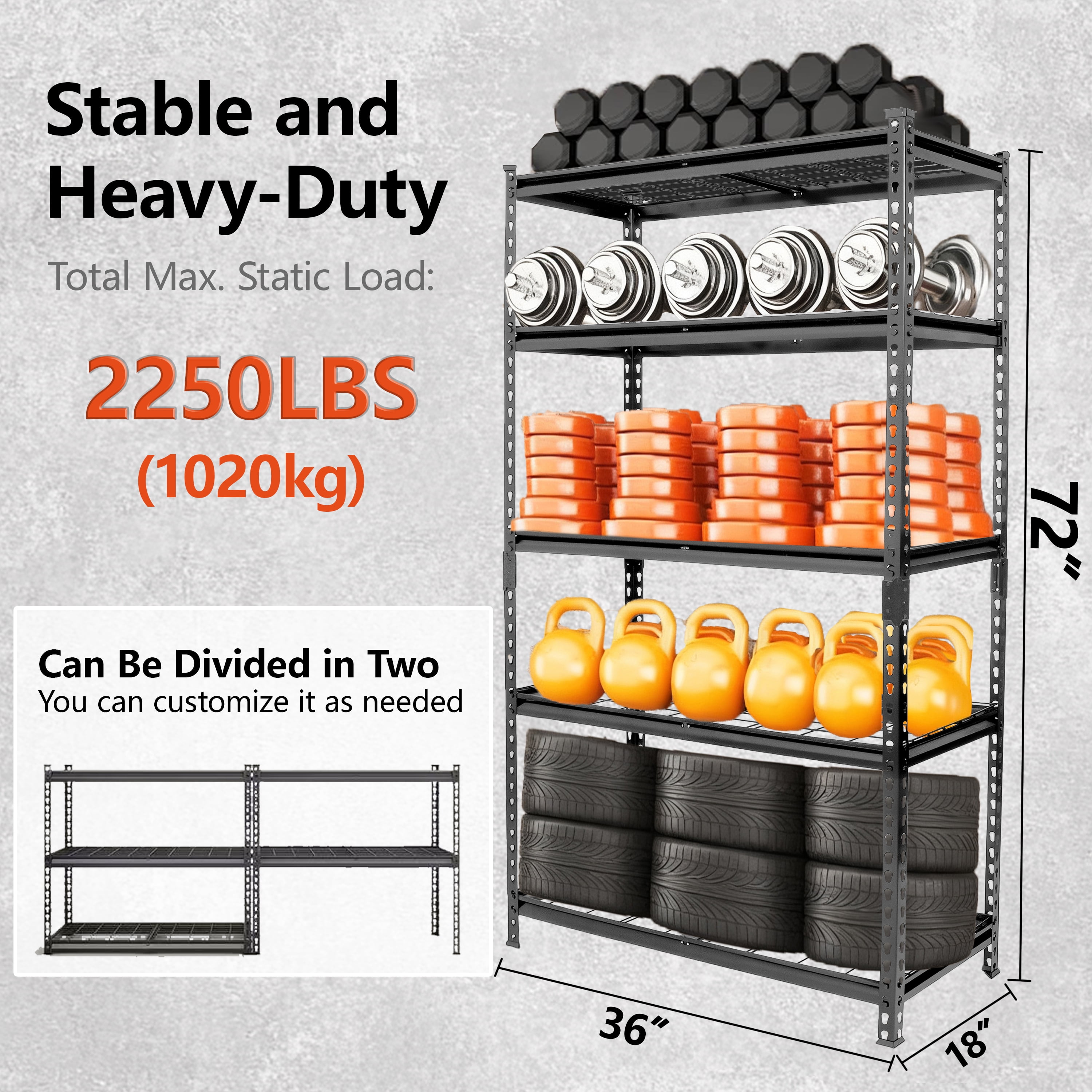 5-Tier Storage Shelves, Heavy-Duty Garage Shelving, Adjustable Shelving Unit, Steel Shelf, Boltless Assembly, for Garage, Shed, 2,250 lb Load, 36"W x 18"D x 72"H, Black