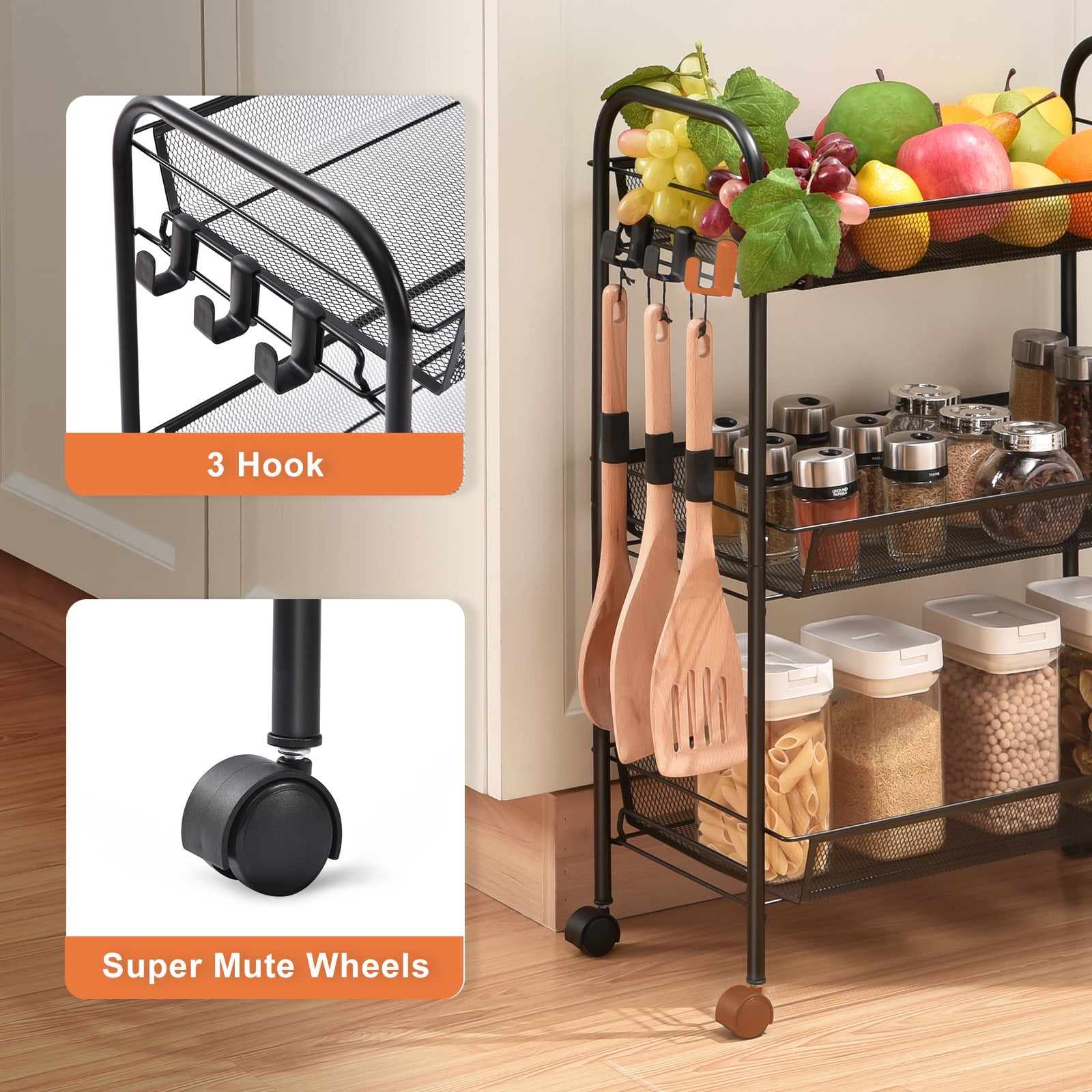KK KINGRACK 3 Tier Rolling Cart Organizer, Mesh Cart with Wheels, Utility Cart for Office, School,Storage, Black