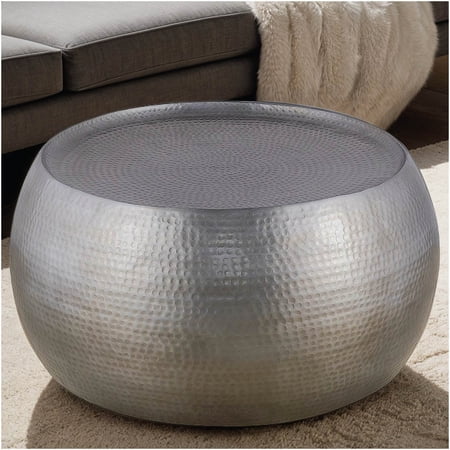 Modern Round Aluminum Coffee Table 32 Inch Antique Silver Hand Hammered Drum End Table for Living Room Farmhouse Style No Assembly Required