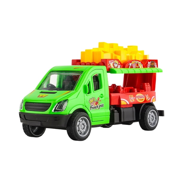 Coche de juguete inerte para niños, diseño de simulación de camión de hamburguesas y papas fritas con puertas que se abren, neumáticos de goma duraderos, no necesita batería.