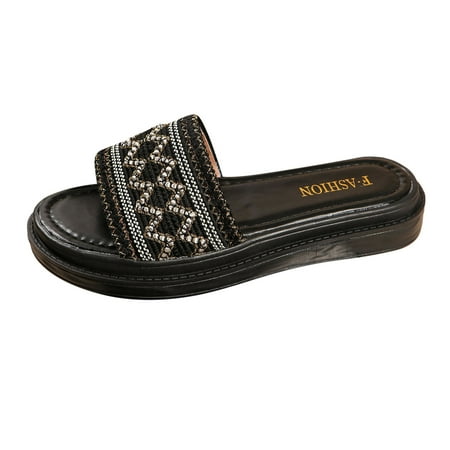 OJSFQUFP Sandals Womens Ladies Fashion Ethnic Style Woven Print Open Toe Flat Bottom Beach Sandals Soft Sole Outdoor Beach Shoes Comfy Slippers for Women Black 41