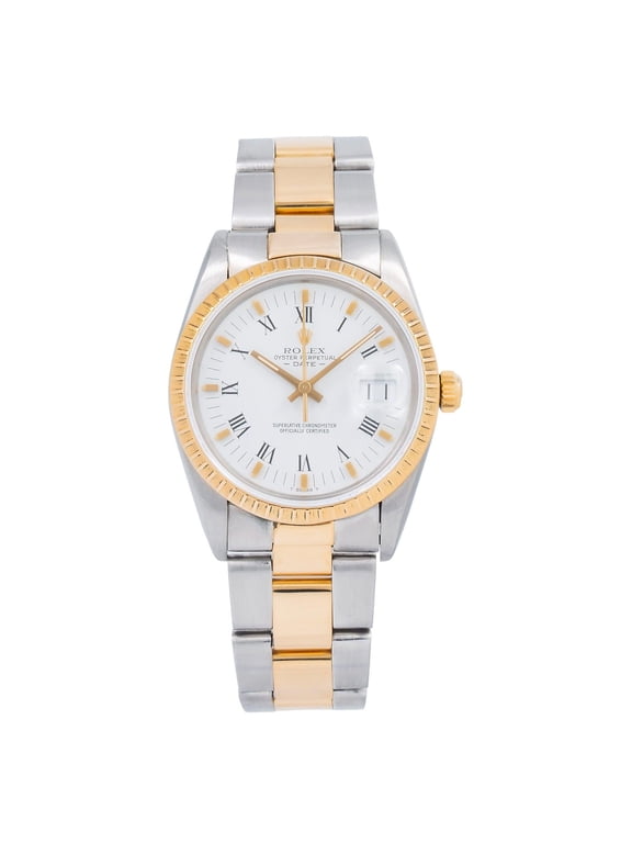 Pre-Owned Rolex Date 34MM 15203 White Roman Dial Engine Turned Bezel Two Tone Yellow Gold Oyster Bracelet
