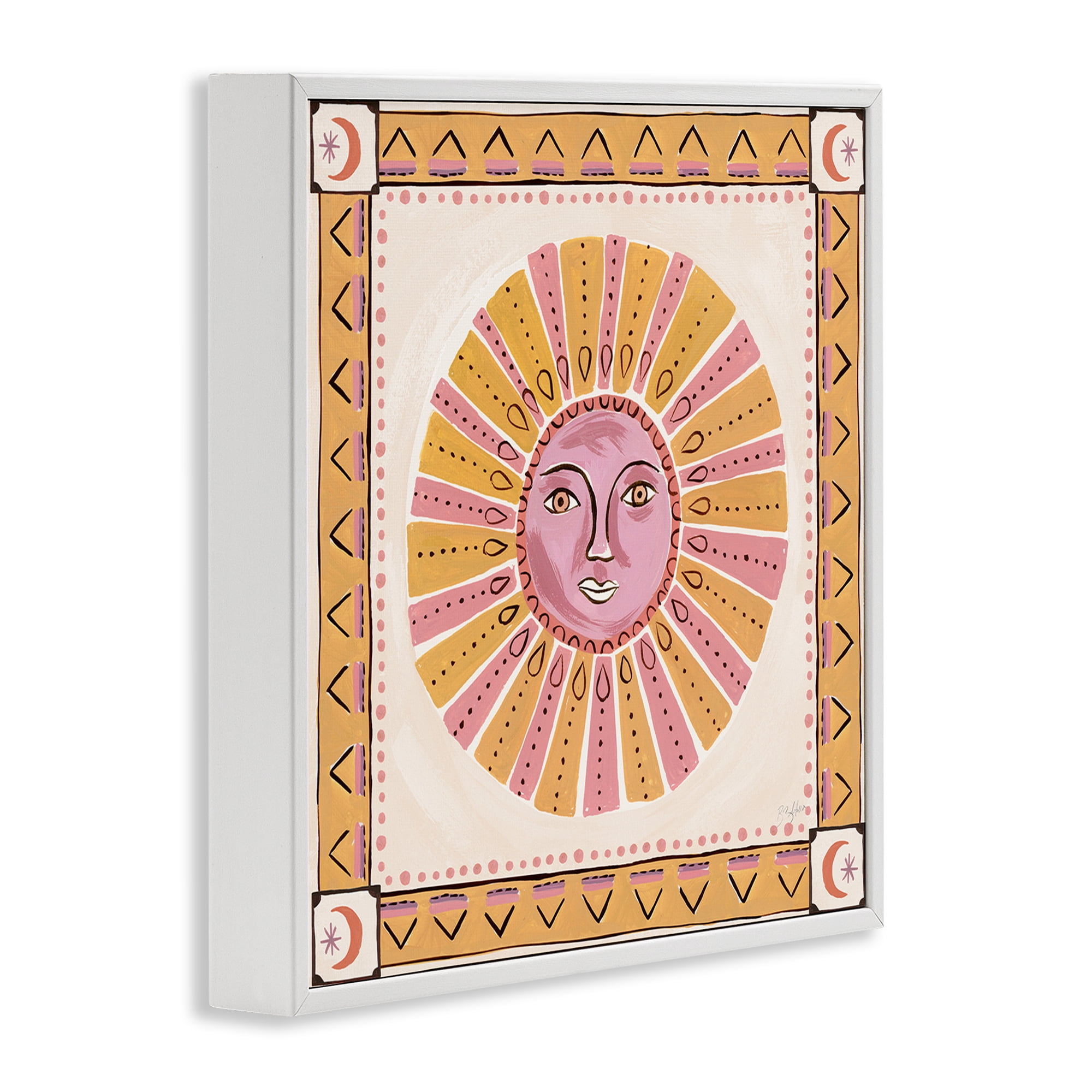 Stupell Industries Pink Sun Face with Geometric Border White Framed Giclee Art, design by Two If By Sea Studios