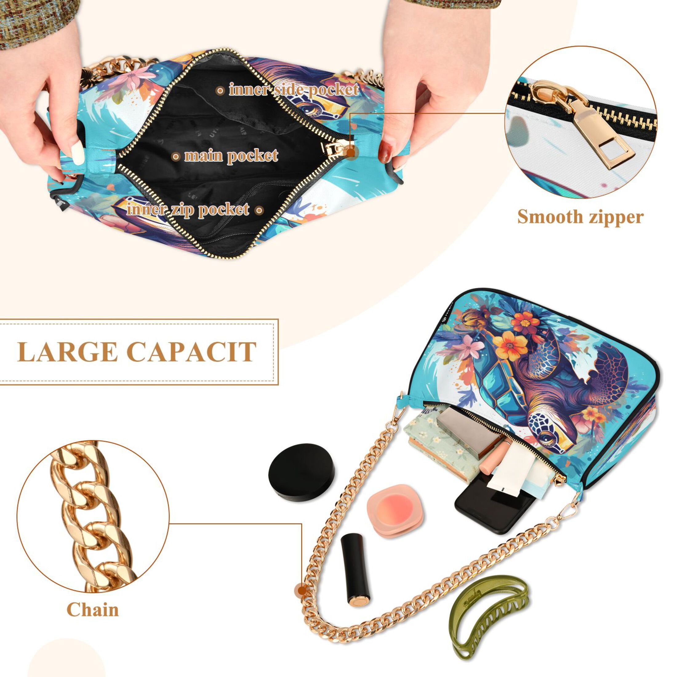 Ryvnso Sea Turtle with Floral Womens Chain Shoulder Bag Tote Handbags Clutch Hobo Purse with Zipper for Travel