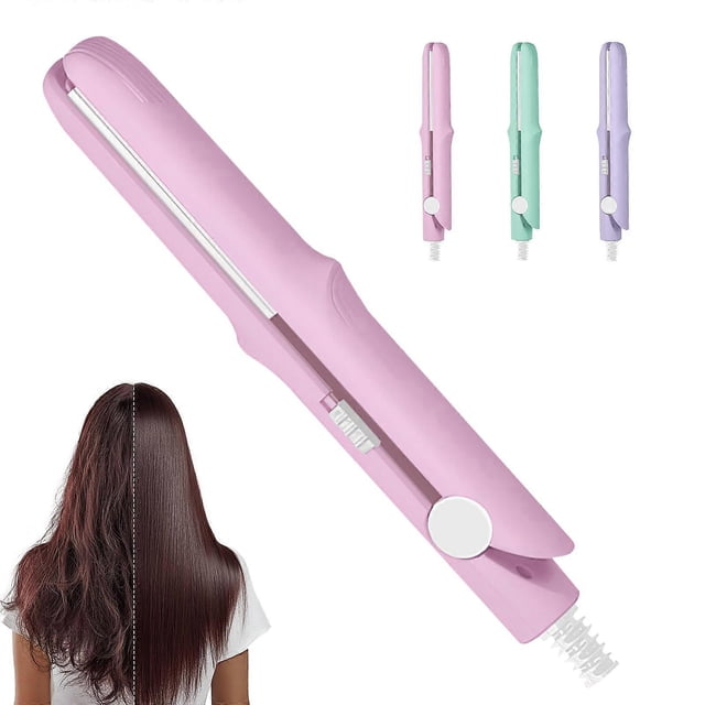 Mini rizador y plancha de pelo de viaje, herramienta de peinado de cerámica 2 en 1, calentamiento rápido, rosa.