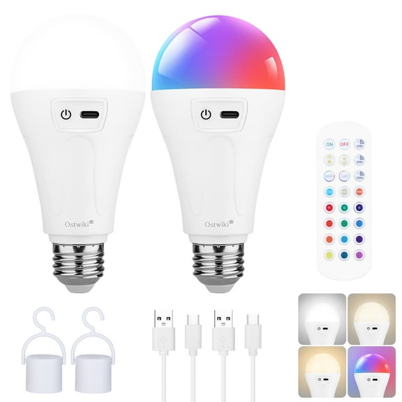 2 Pack 5200mAh Rechargeable Light Bulbs with Remote E26 Battery Operated Light Bulb for Lamps and Sconces,Dimmable Wireless Emergency Light Bulbs with Hook,3 Color Temperatures & 12 RGB Color