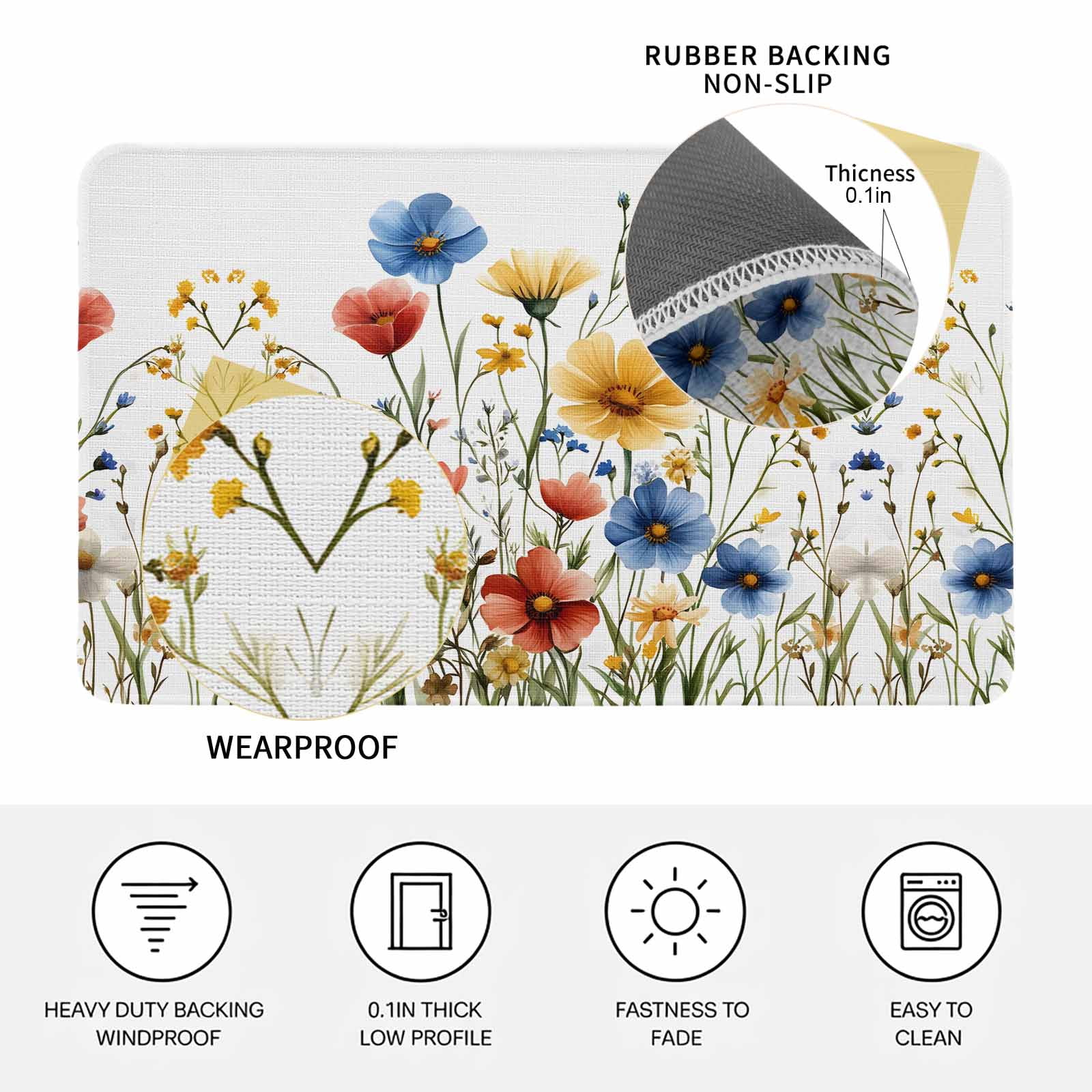 Red Blue Yellow Spring Floral Doormat Outdoor Entrance 18"x30", Blooming Summer Botanical Absorb Moisture Dirt Door Mats, Non-Slip Rubber Backing Floor Mats Indoor, Low-Profile Front Door Rugs
