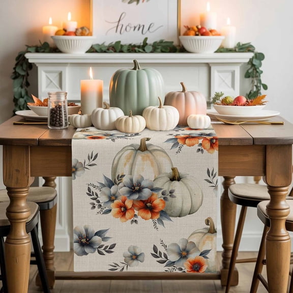 Fall Watercolor Pumpkin Table Runner, Autumn Thanksgiving Kitchen Dining Table Decoration for Home Party Decor 13x36 Inches