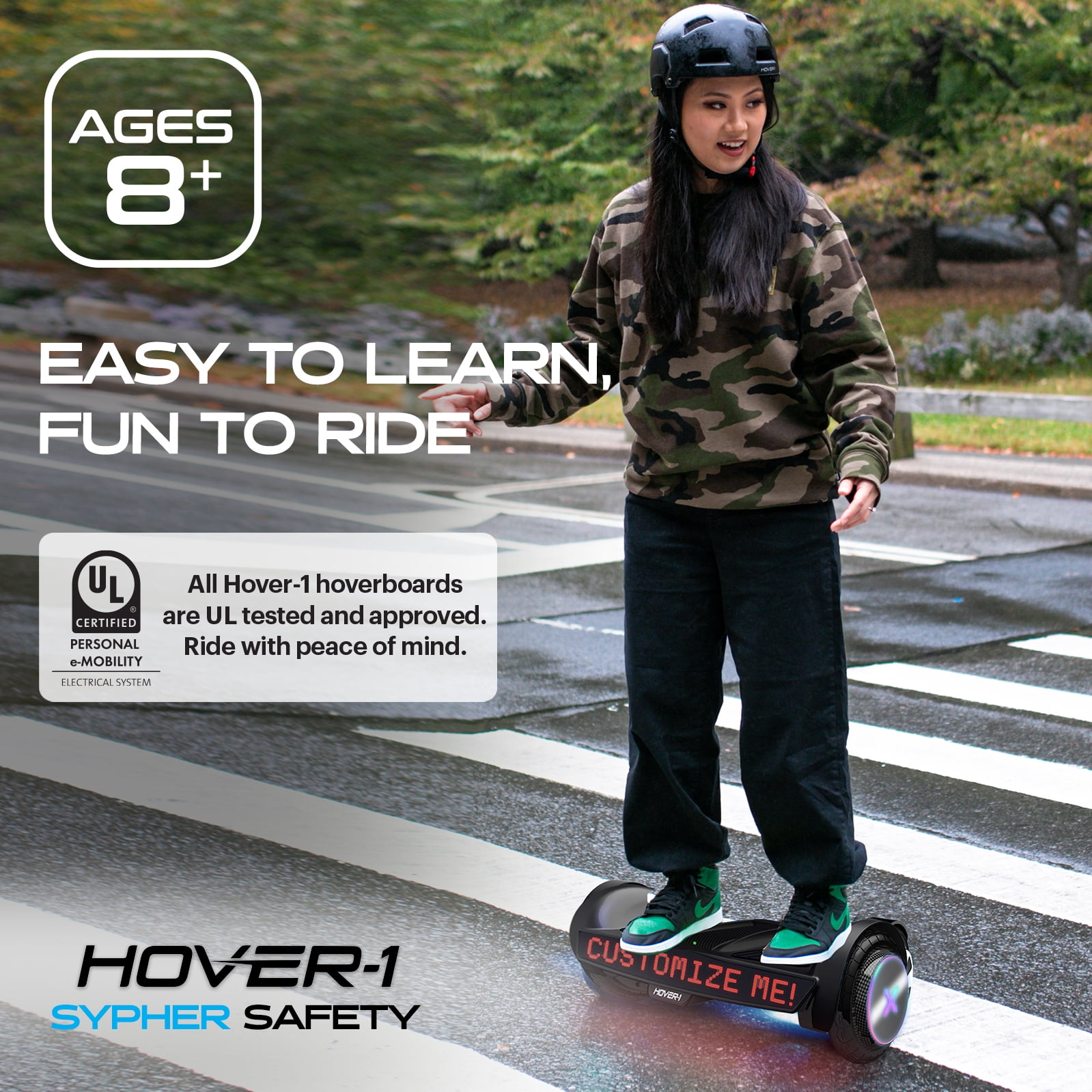 Hover-1 Sypher Electric Hoverboard with Customizable Screen for Teens, 7 mph Max Speed, Black