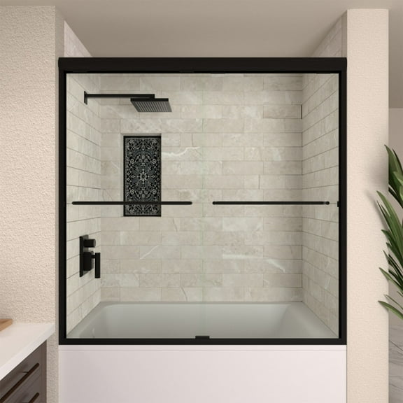 60 in. W x 56 in. H Sliding Semi Frameless Tub Door in Matte Black Finish with Clear Glass