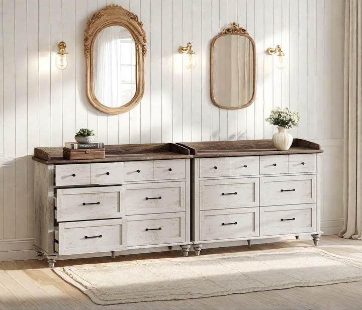 Dresser with 12 Drawers for Bedroom with Ample Drawer Space Antique White Dresser, Farmhouse Storage Dresser for Closet