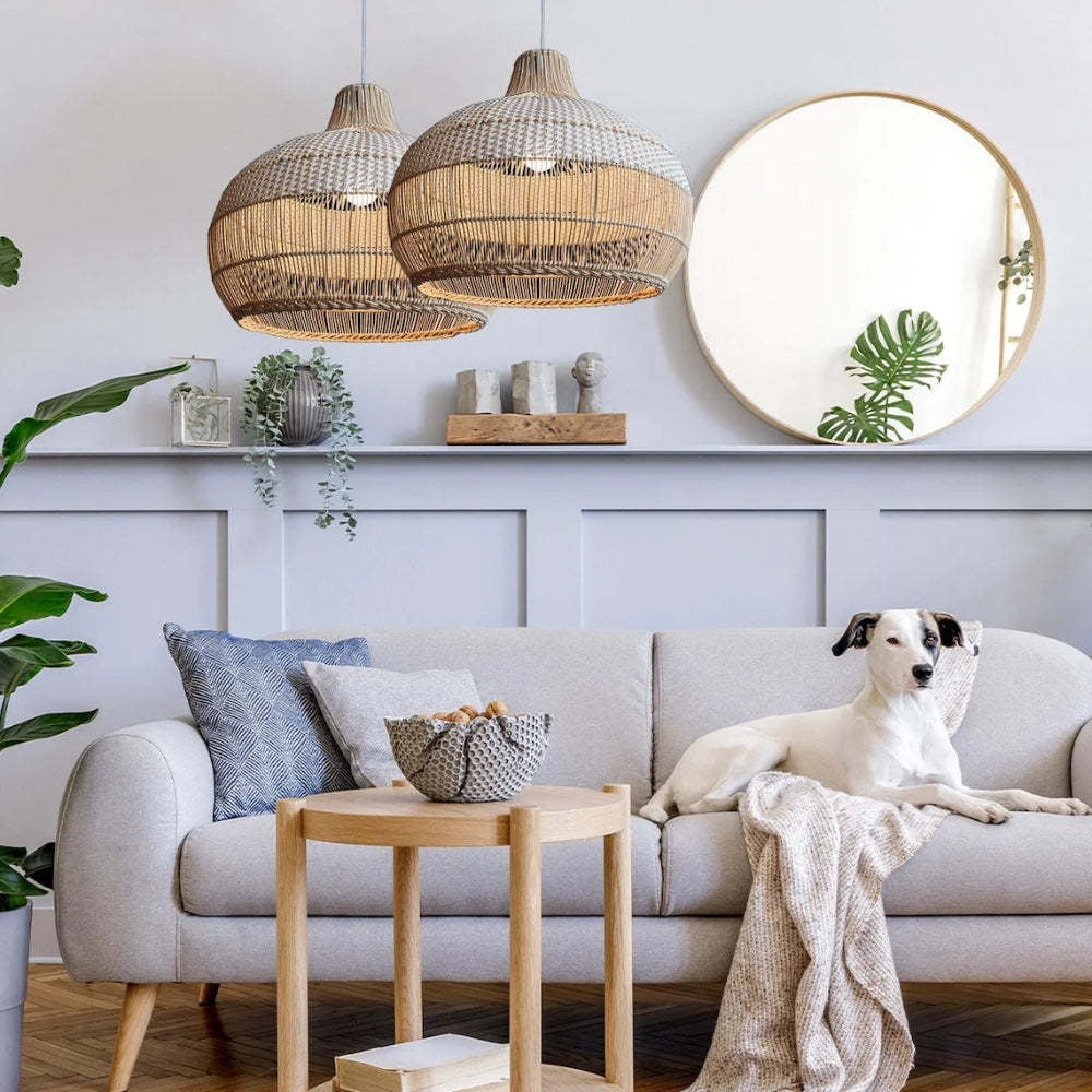 Arturesthome White Handwoven Rattan Boho Pendant Lighting Fixtures Wicker Hanging Ceiling Light Chandelier Handmade Woven Basket Lampshade- Lights